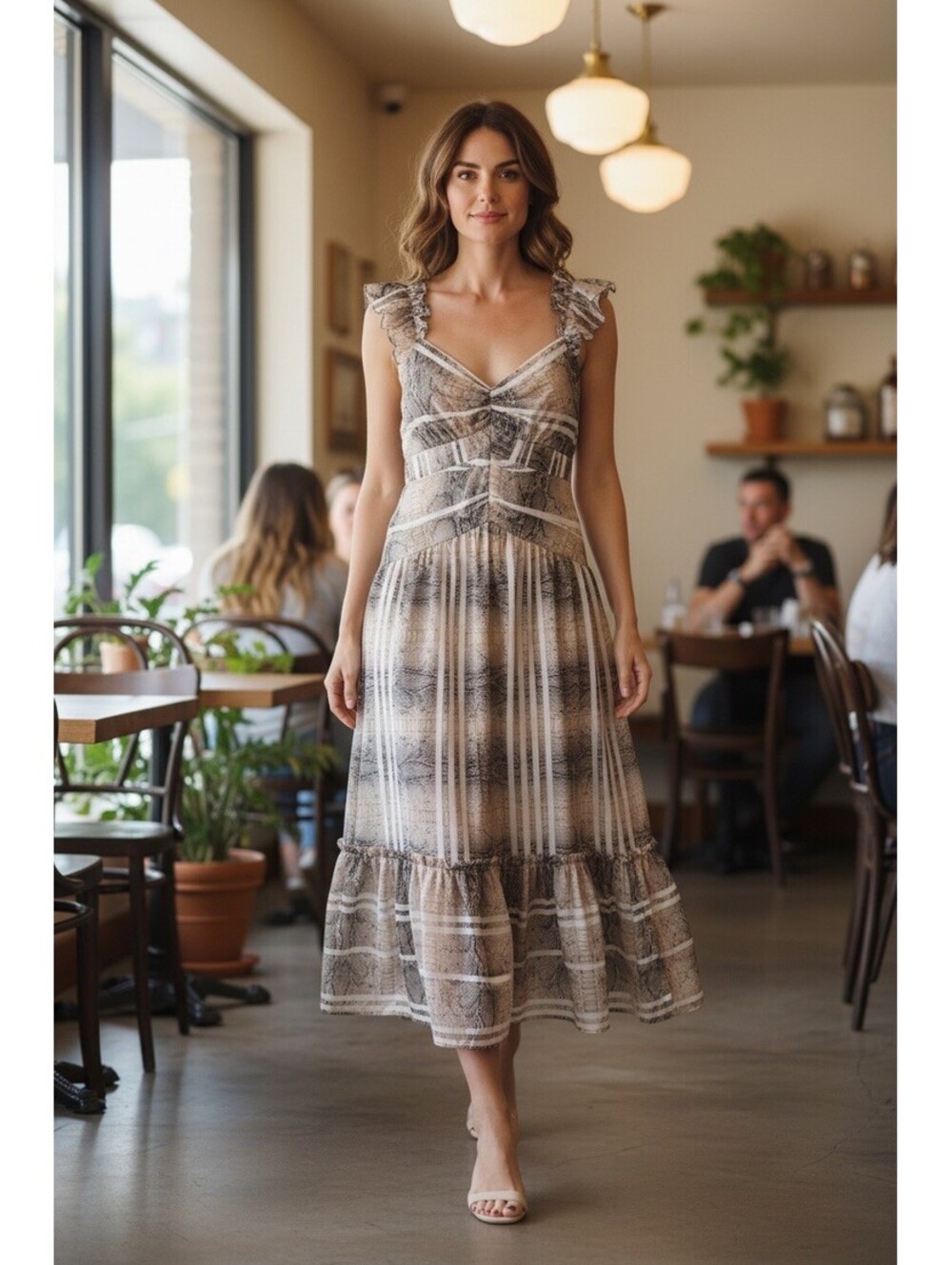 Three Floor Animal Print V-Neck Sleeveless Ruffle Midi Dress US 0